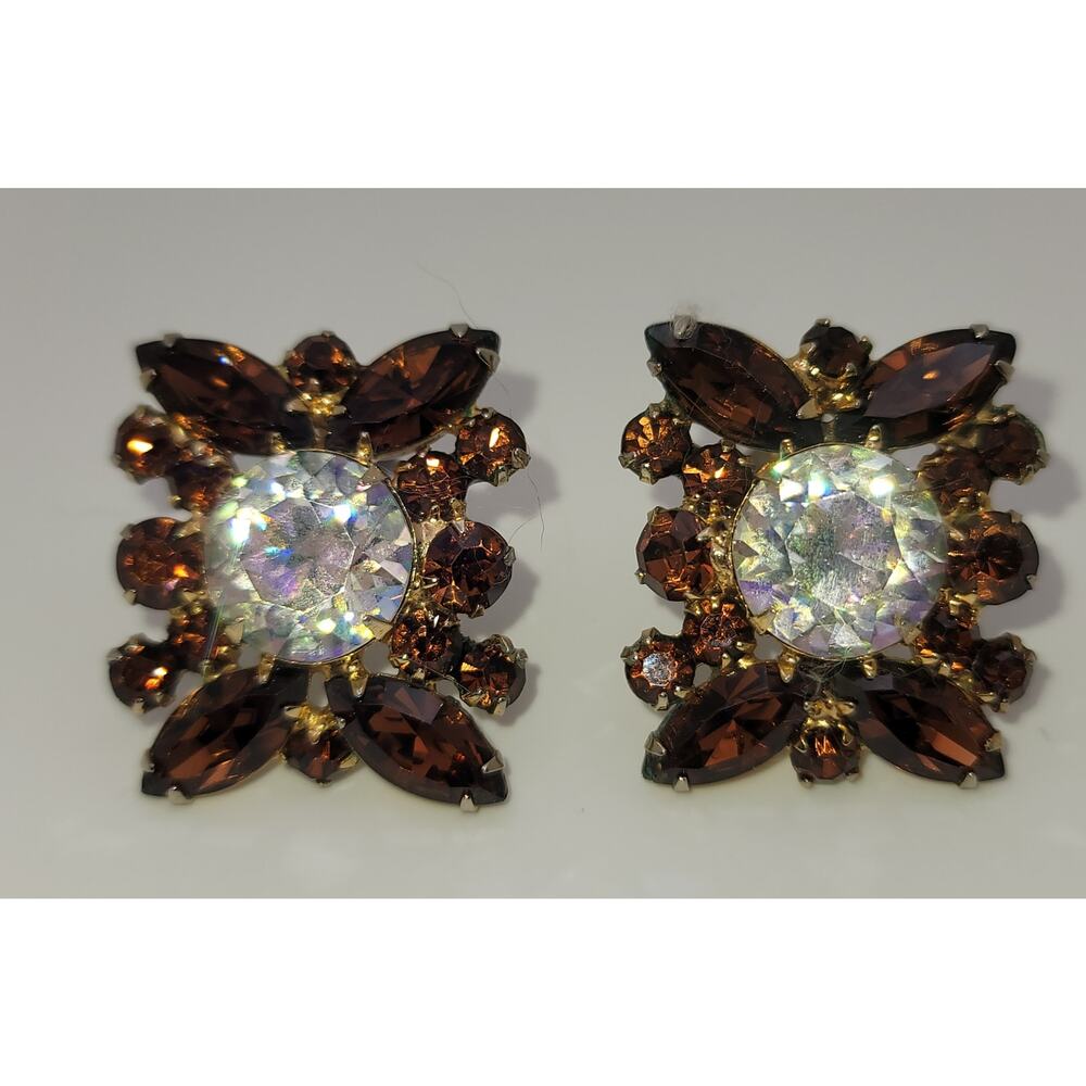 Verified Juliana Earrings Brown and AB Rhinestones Reference 7103 Clip Ons